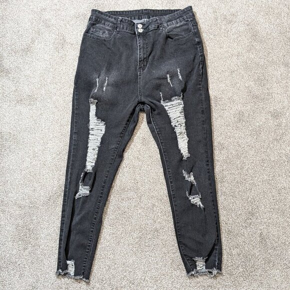 SHEIN Denim - SHEIN CURVE Black Denim Distressed High Rise Skinny Jeans; Size 2XL